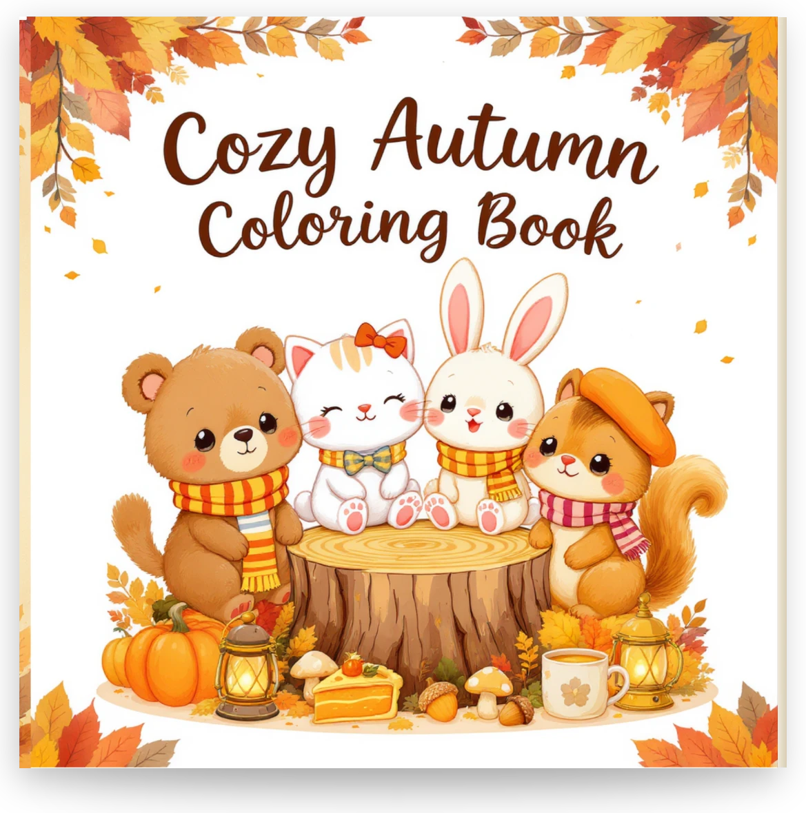 Cozy Autumn Coloring Book for adults, shown as a large-format paperback coloring book