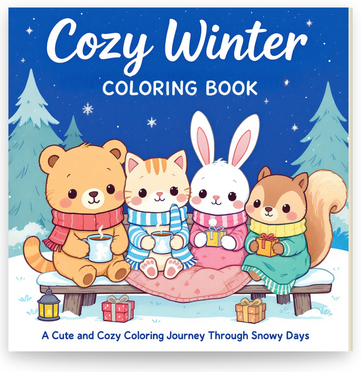 Cozy Winter Coloring Book — cute animals in scarves with hot cocoa and gifts on a snowy night