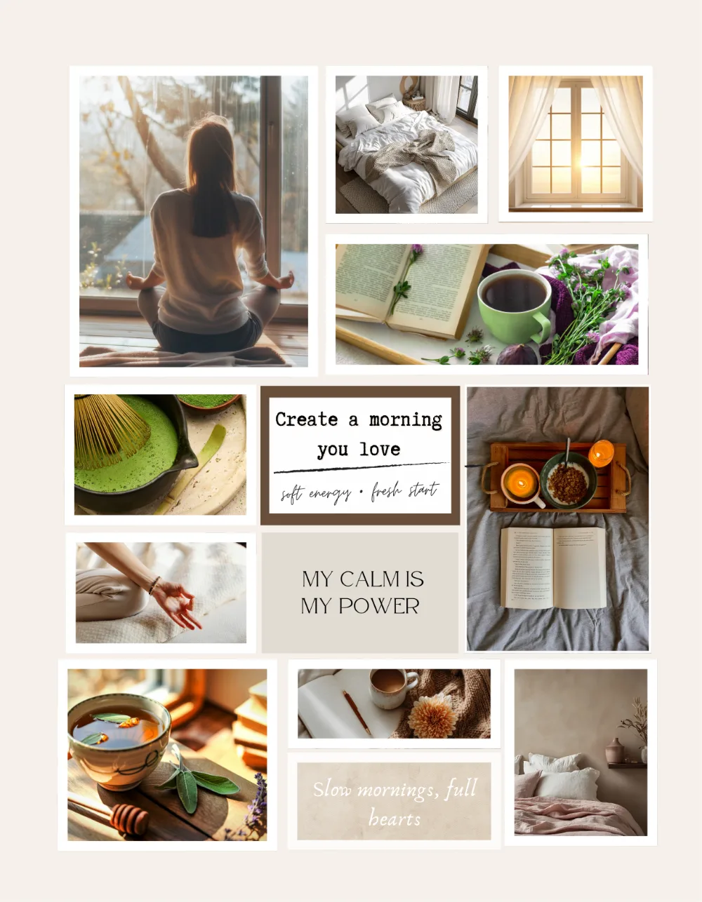 Vision board clip art page — calm mornings theme with matcha, tea and slow-morning scenes