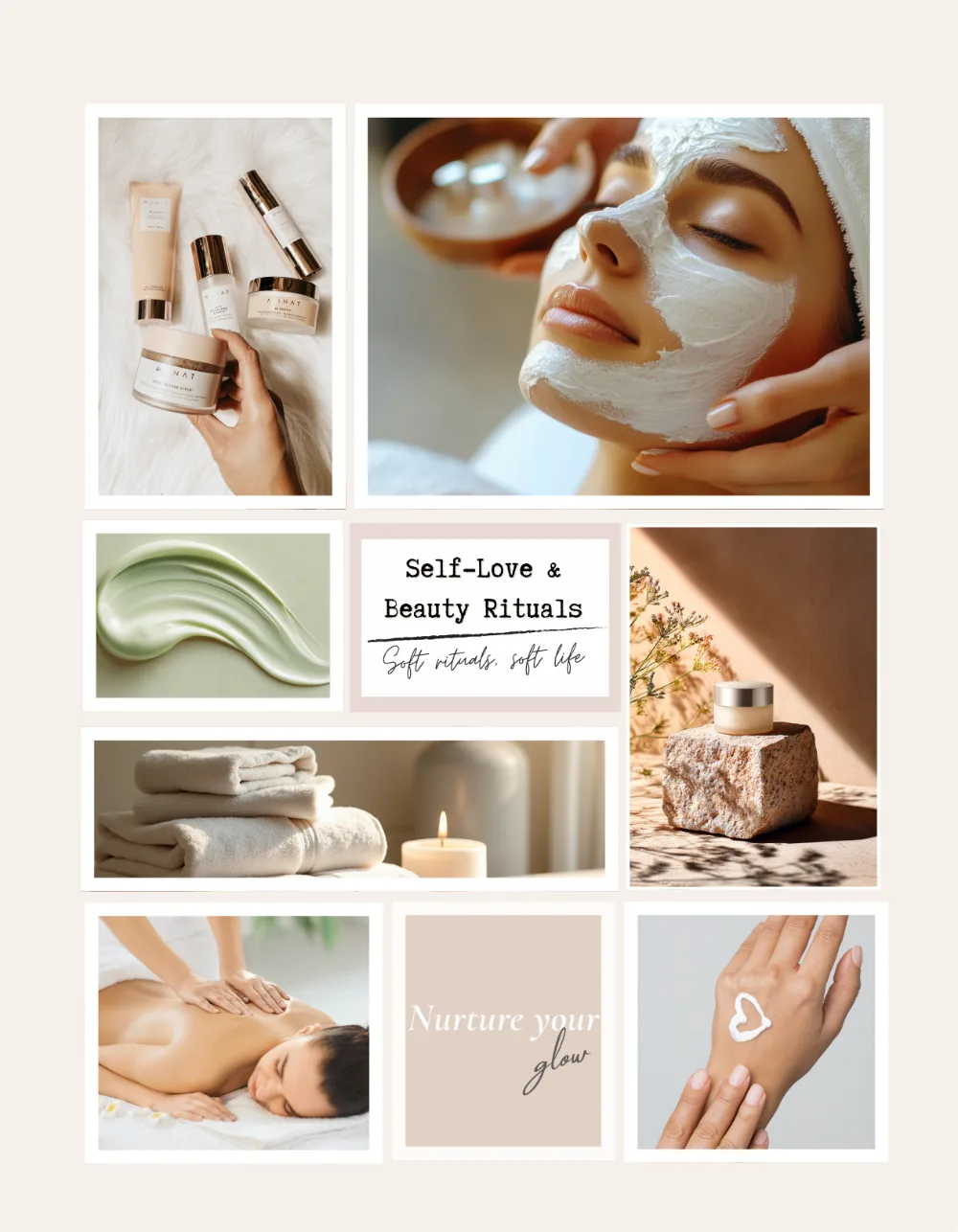 Vision board clip art page — self-love and beauty rituals theme with skincare and spa imagery