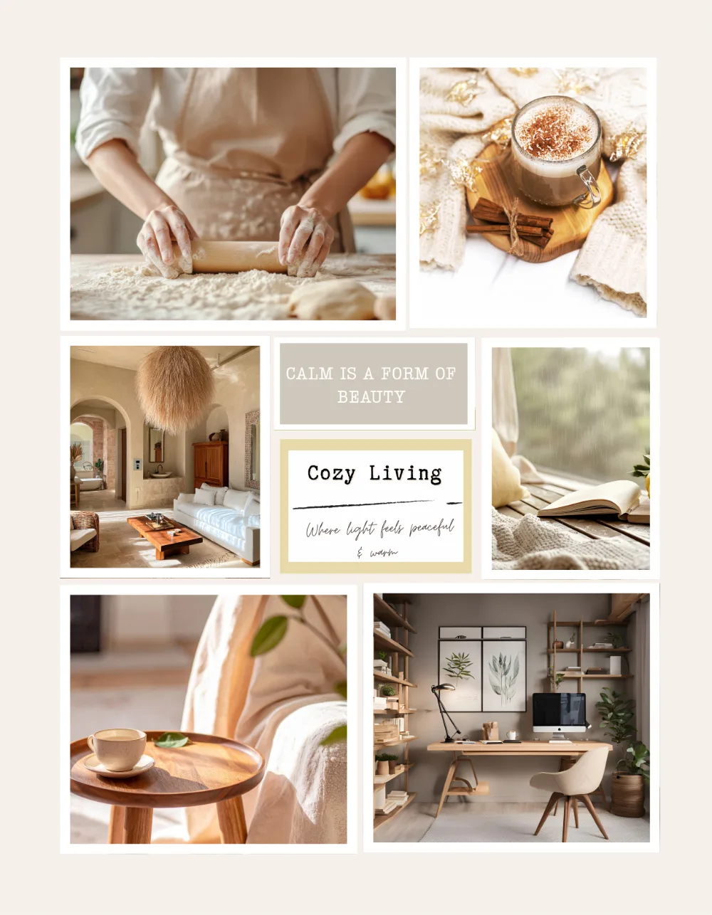 Vision board clip art page — cozy living theme with warm interiors, baking and soft light