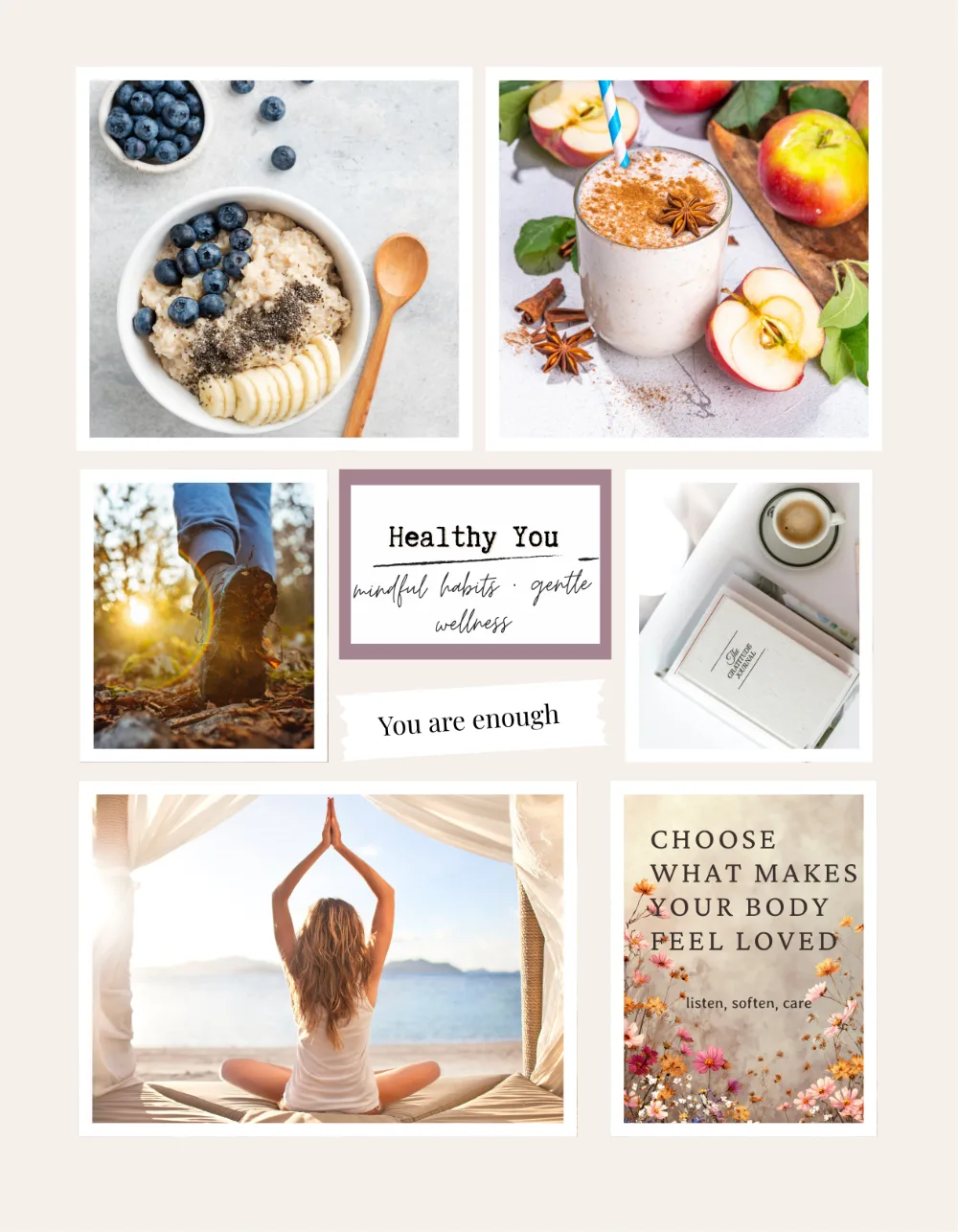 Vision board clip art page — healthy you theme with wholesome food, movement and wellness imagery